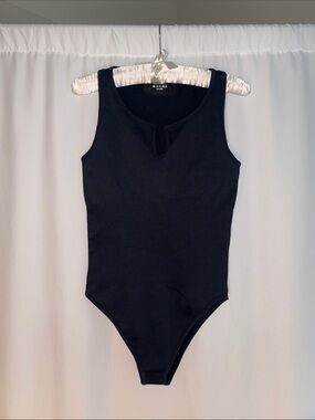 Women's Black Ribbed Tank Bodysuit with Keyhole Detail
